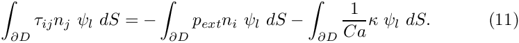 \[
\int_{\partial D} \tau_{ij} n_j \ \psi_l \ dS =
- \int_{\partial D} p_{ext} n_i \ \psi_l \ dS
- \int_{\partial D} \frac{1}{Ca} \kappa \ \psi_l \ dS.
 \ \ \ \ \ \ \ \ \ \ (11)
\]